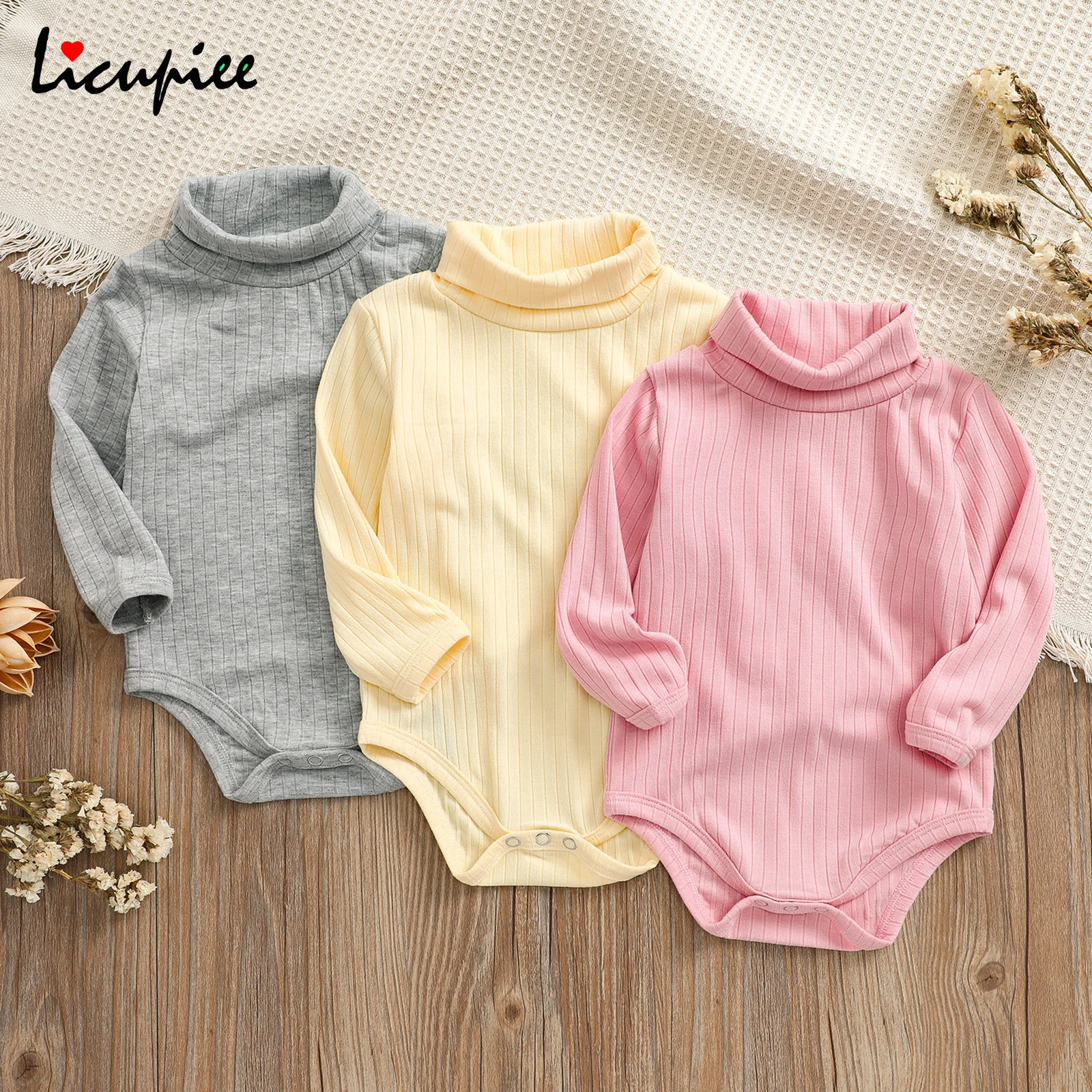 

0-18 Months Newborn Kids Sweater Bodysuits Baby Romper Unisex Solid High Collar Long Sleeve Ribbed Bodysuit Playsuit Spring Fall