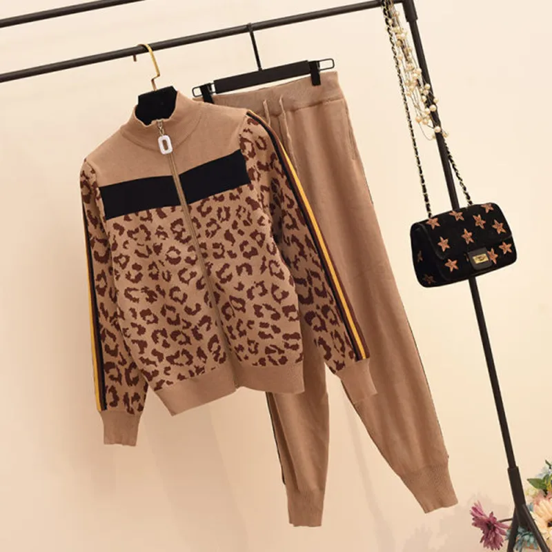 BLLOCUE 2020 New Winter Warm Women Leopard Zipper Sweater Cardigan Suits + High waist Chic Two Piece Pants Sporting Suits