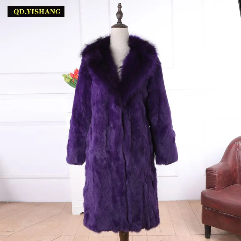 الشتاء الدافئة النساء ريال الأرنب معطف الفرو الطبيعي معطف طويل الراكون الفراء طوق طويلة الأكمام الفراء الموضة QD.YISHANG