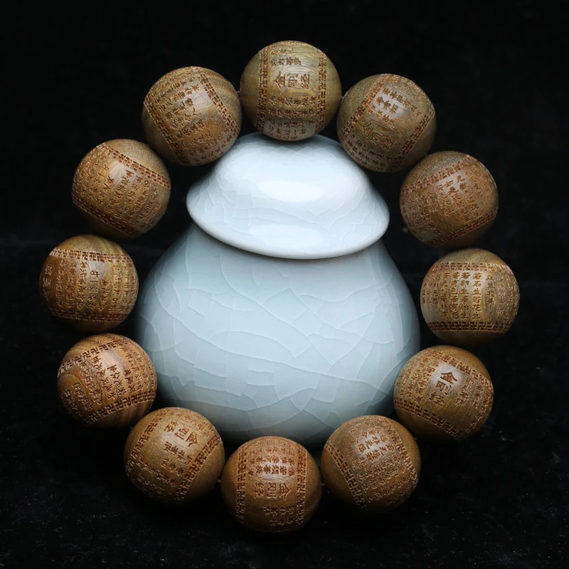 Asian Sandalwood Men's Green Bracelet Buddhism Carving Famous Classic Sandalwood Beads High Quality Charm Jewelry