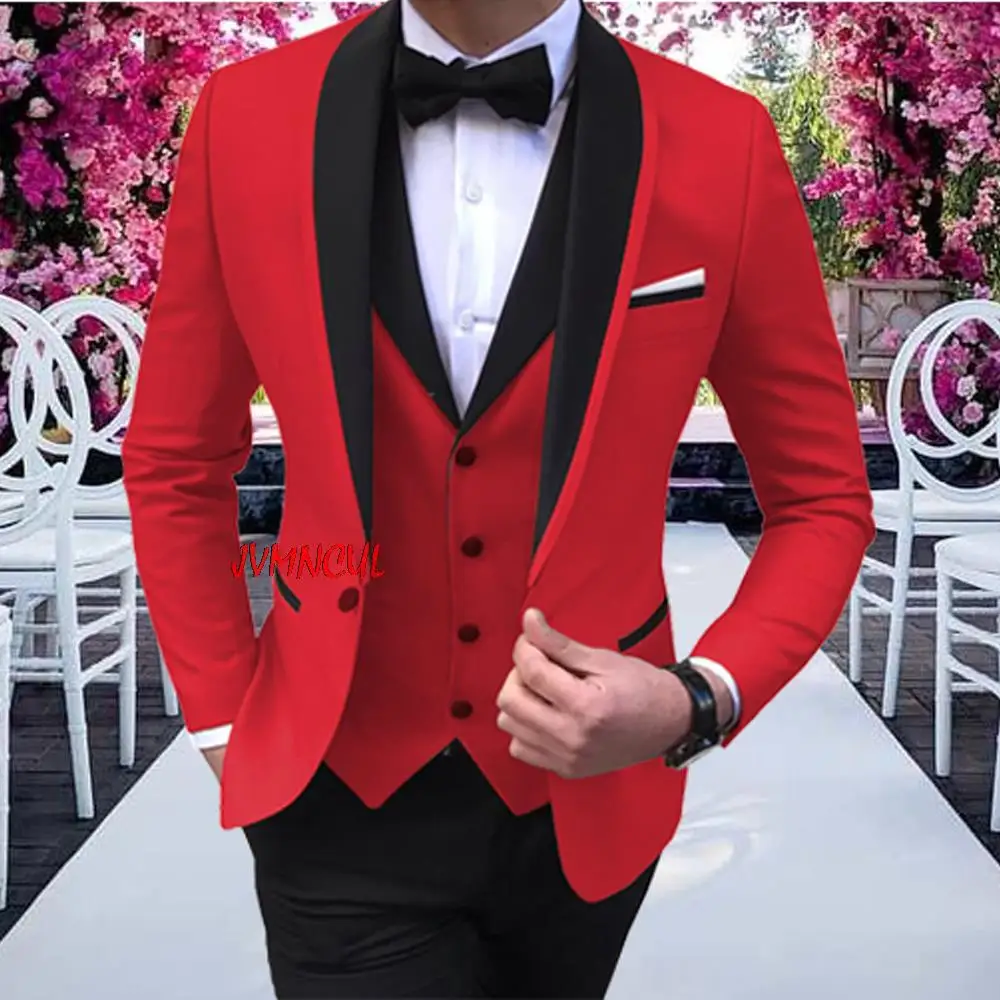 

Costume Red Mens Suits With Black Shawl Lapel Party Slim Fit Suits Tuxedos Prom Suit for Wedding Prom 3 Pcs (Jacket+Pants+Vest)