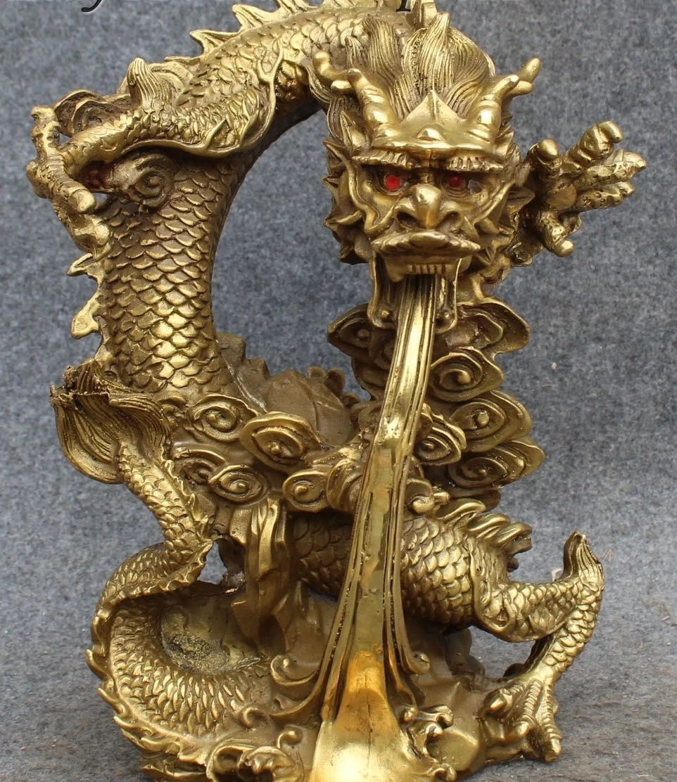 free shipping 10" China Pure Bronze Fengshui Zodiac Year Dragon Dragons Success Animal Statue