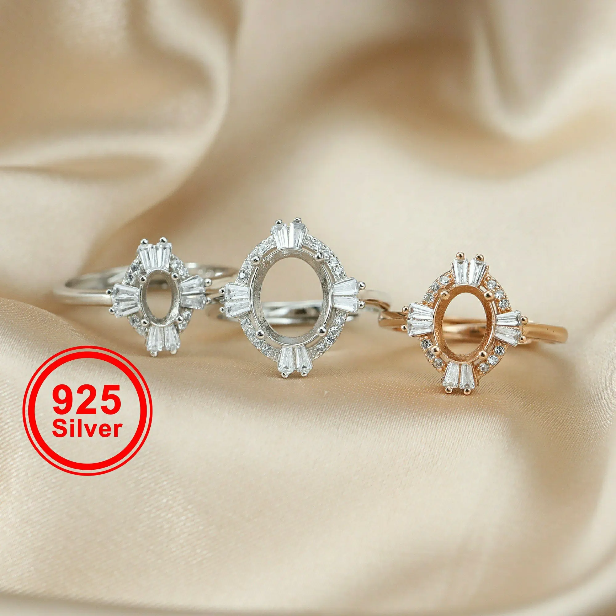 

6x8MM Oval Prong Ring Settings Solid 925 Sterling Silver Rose Gold Plated Vintage Style Set Size DIY Ring Bezel 1224079