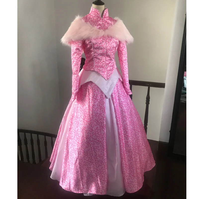 Sleeping Princess Aurora Pink Winter Dress With Cape Fancy Halloween Carnival Party For Adult Women Cosplay Costume