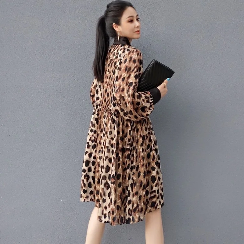 New Summer Office Lady Dress Streetwear Leopard Print Chiffon Midi Dress Fashion Loose Puff Sleeve Pullover A-Line Dress S-L