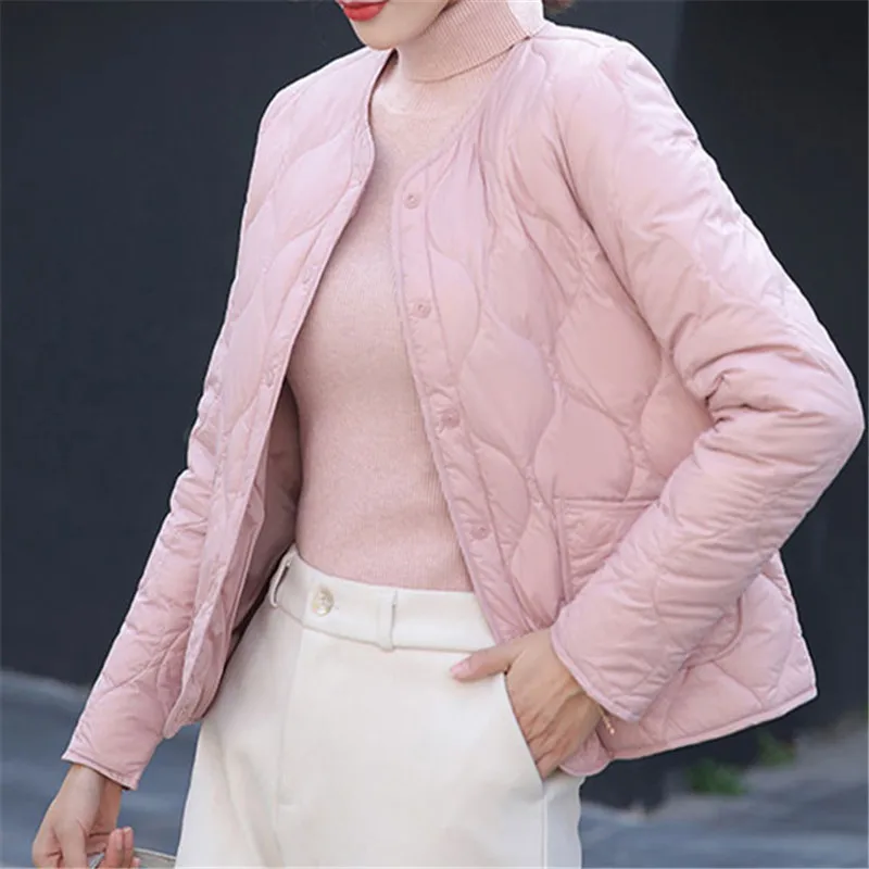 Sanishroly 2021 Autumn Winter Women Ultra Light White Duck Down Jacket Ladies O Neck Collar Single Breasted Short Coat Parkas