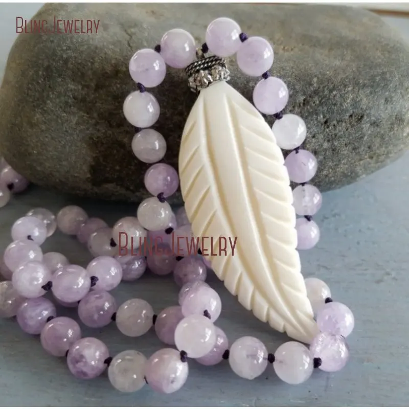 

Amethyst Bone Feather Necklace Boho Pendant Hand Knotted Beaded Bohemian Glam NM32881