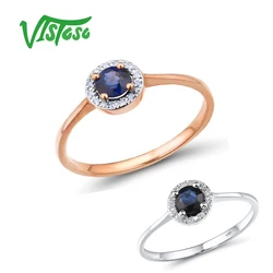 VISTOSO Gold Rings For Women Pure 14K 585 Rose Gold Ring Sparkling Diamond Round Blue Sapphire Luxury Wedding Band Fine Jewelry