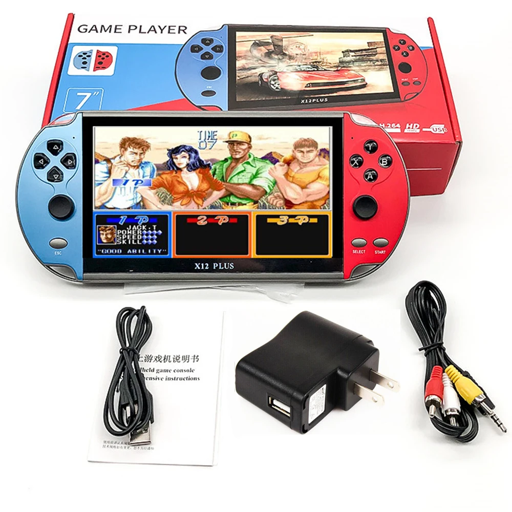 X12 Plus شاشة كبيرة 7 بوصة وحدة تحكم ألعاب محمولة 16/48 جيجا بايت شاشة عرض مسبقة 2000 ألعاب لمشغل ألعاب الفيديو 8/16/32/128 بت
