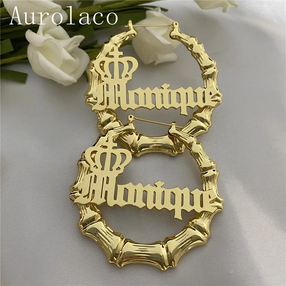 AurolaCo Custom Name Earrings Personalize Stainless Steel Round Bamboo Earrings Gold Choker Necklace Set For Women Jewelry Gifts