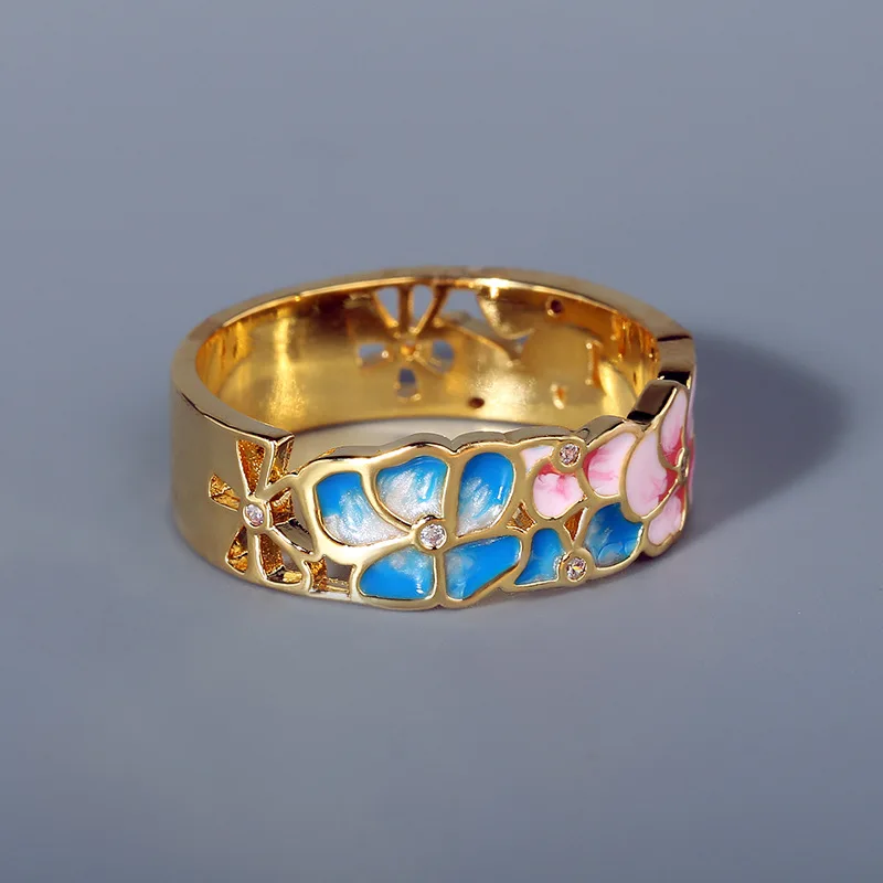 925 Silver Exquisite and Elegant Flower Enamel Drop Silver Female Ring Pink Blue Epoxy Engagement Wedding Jewelry