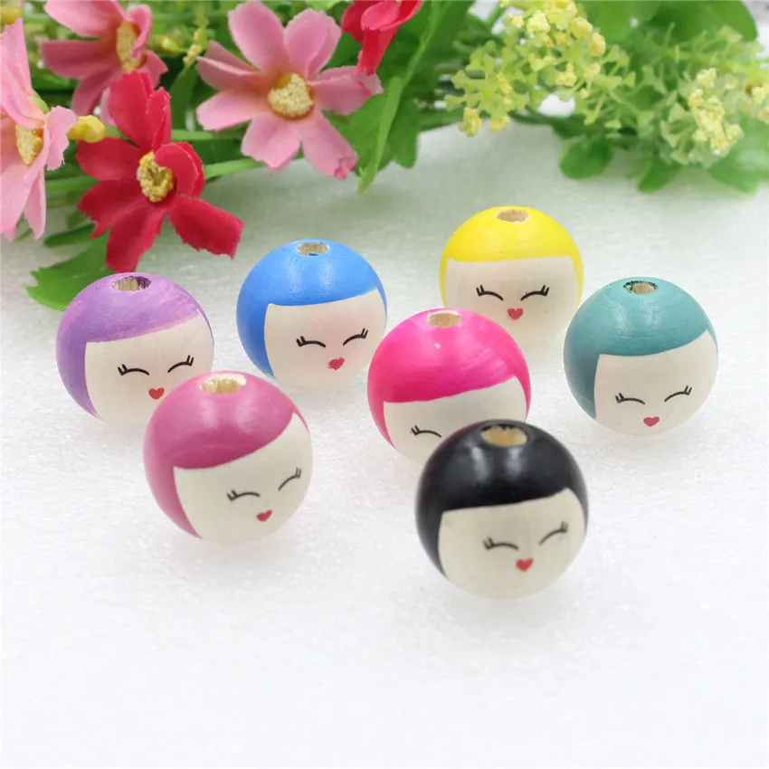 7 sztuk drewniane Matryoshka kreskówka dziewczyna głowa koraliki dla dziecka DIY uchwyt na smoczek klip naszyjnik koraliki dystansowe akcesoria 22x24mm K06176