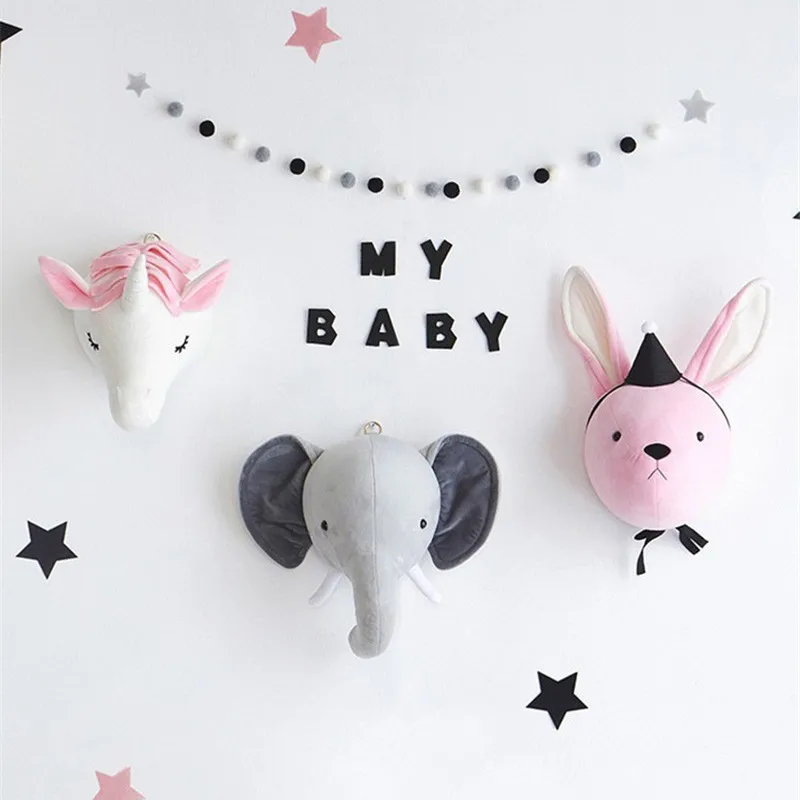 Kids Room Plush Toys 3D Animal Heads Decoration Elephant Deer Unicorn Wall Hanging Decor For Baby Girls Nursery Room Decoration