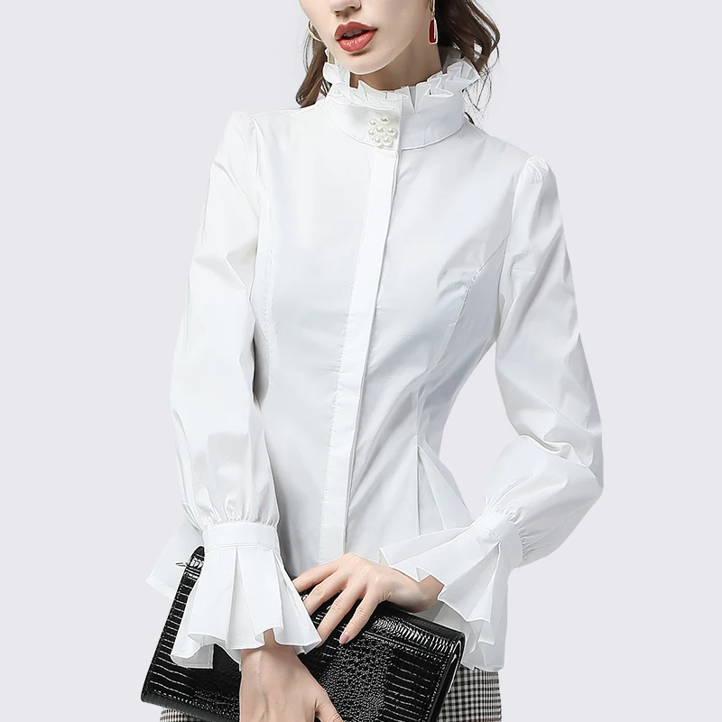 Office Ladies White Shirt Turtleneck Ruffled Cotton Top Pearls Beaded Flared Long Sleeve Plus Size Elegant Slim Work Wear Shirts