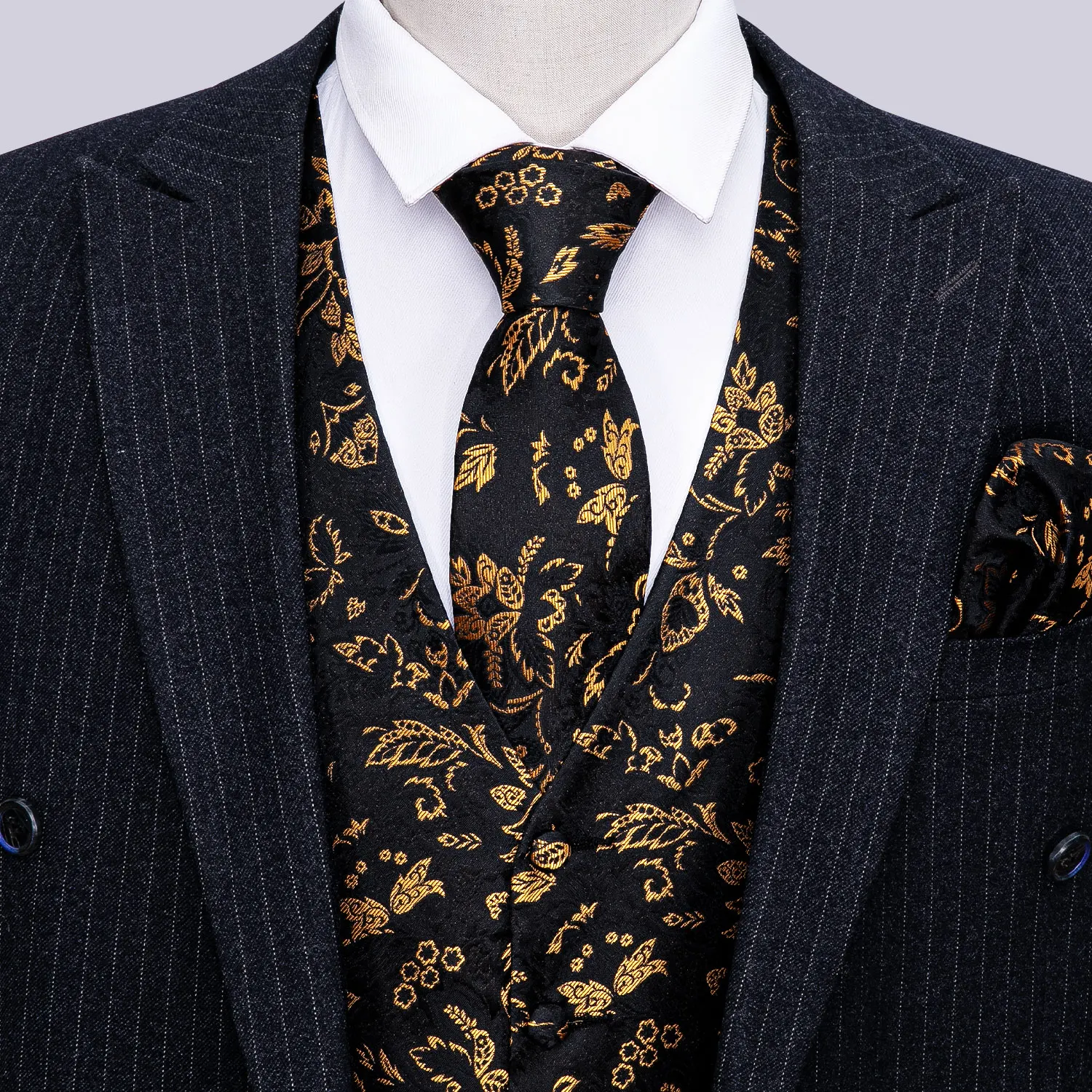 Gold Mens Luxury Brocade Black Floral Suit Vest  Set Silk Tie Waistcoat Set Men Clothes Barry.Wang Fashion Designer M-2037