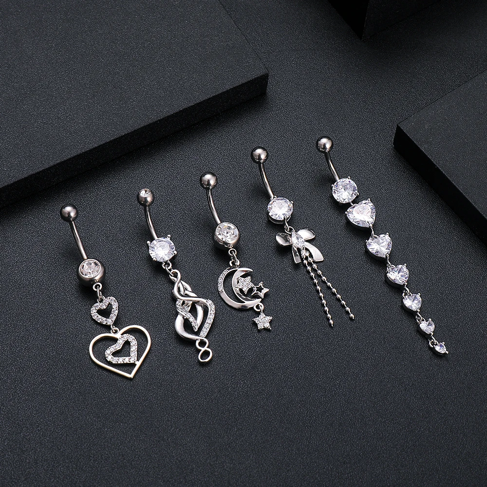 Mulited Styles Dangle Belly Button Rings Heart Opal CZ Barbells Navel Piercings Ombligo Oreja Surgical Steel Women Body Jewelry