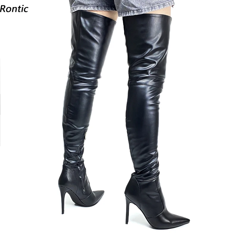 Rontic Handmade Women Winter Thigh Boots Faux Leather Zipper Stiletto Heels Pointed Toe Elegant Black Party Shoes US Size 5-15