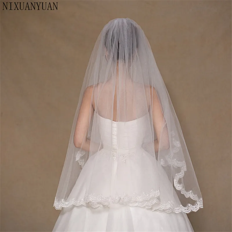 Nixuanyuan 2 Tier Bridal Veil Putih Gading Katedral Pendek Pernikahan Kerudung Renda Edge dengan Sisir Pengantin Kerudung