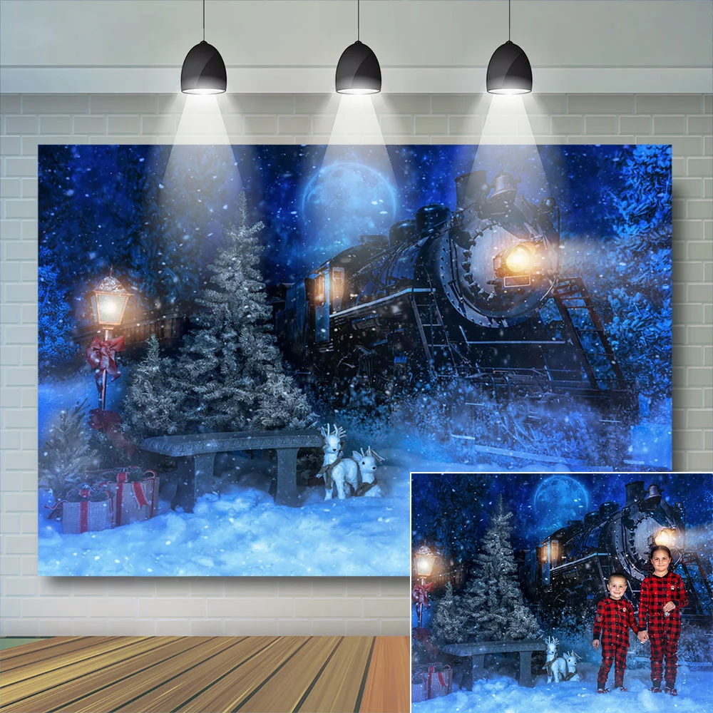 

Winter Train Backdrop Christmas Tree Dark Blue Night Children Background Big Moon Kid Phone Photo Studio