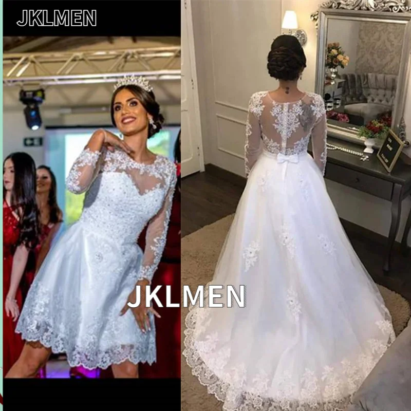 

Vestido De Noiva Short Two Pieces Wedding Dress with Long Sleeves Detachable Train Bridal Gown Robe De Marie