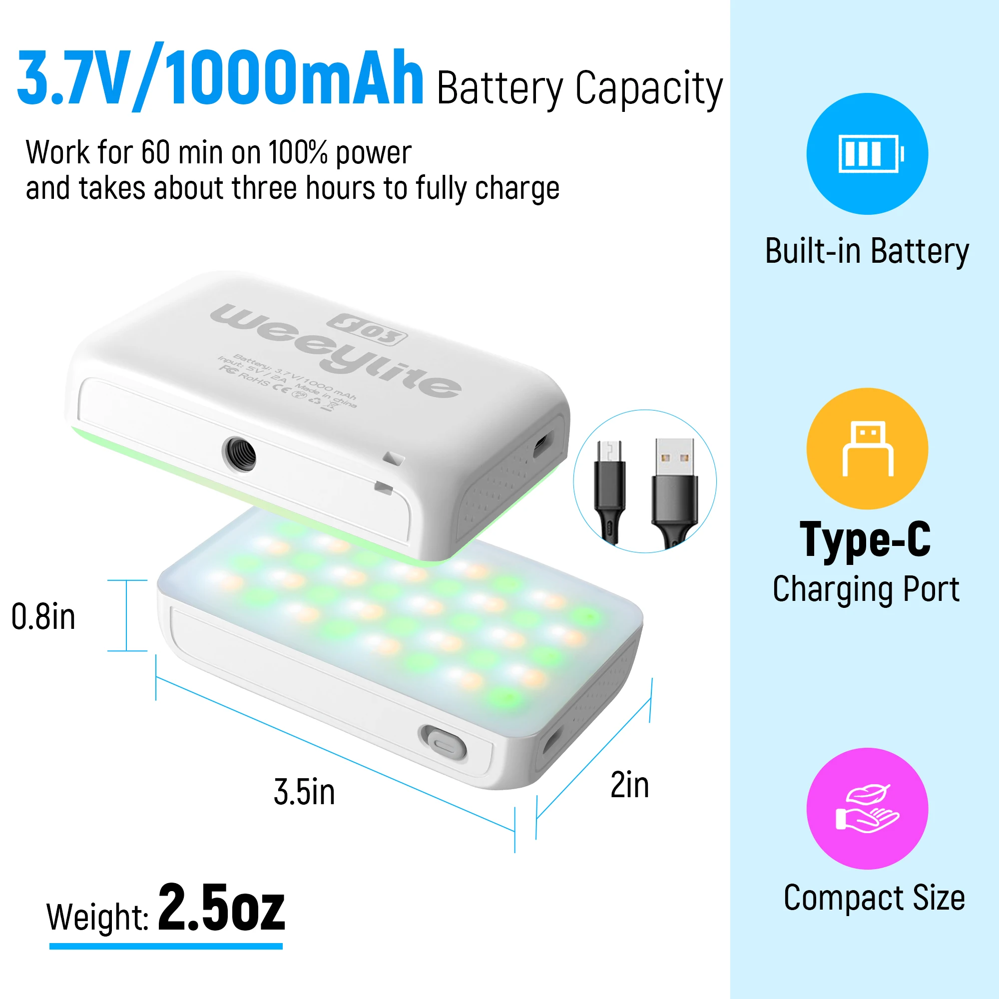 Weeylite S03 المحمولة RGB الملونة LED الفيديو الضوئي كامل اللون عكس الضوء 2500K-8500K جيب APP التحكم ملء الإضاءة مصباح صغير