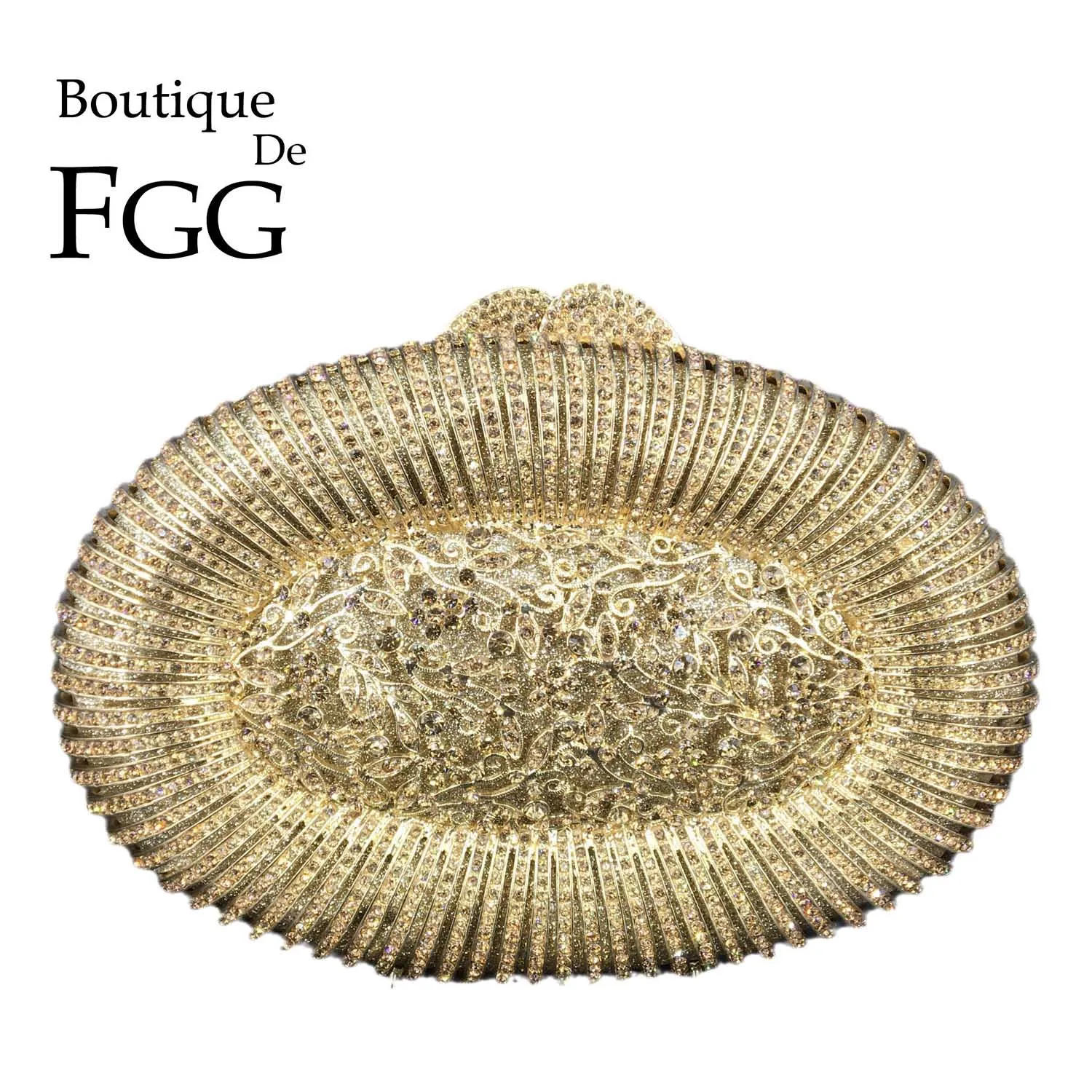 Boutique De FGG Oval Shape Women Gold Crystal Clutch Evening Bags Hollow Out Wedding Party Dinner Rhinestone Handbags and Purses