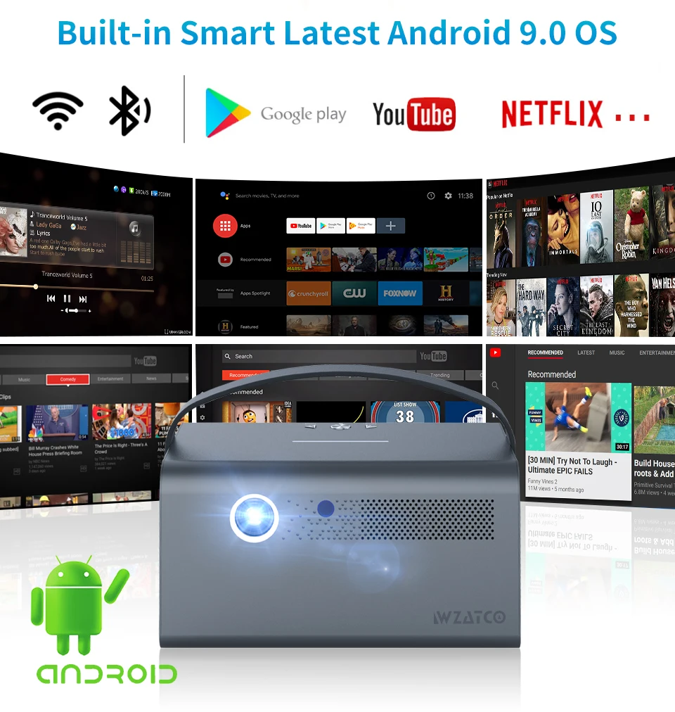 WZATCO T7 300-дюймовый DLP 3D-проектор Smart LED Proyector Bluetooth Портативный мини-Android 9.0 WIFI Beamer Встроенный аккумулятор 15600 мАч