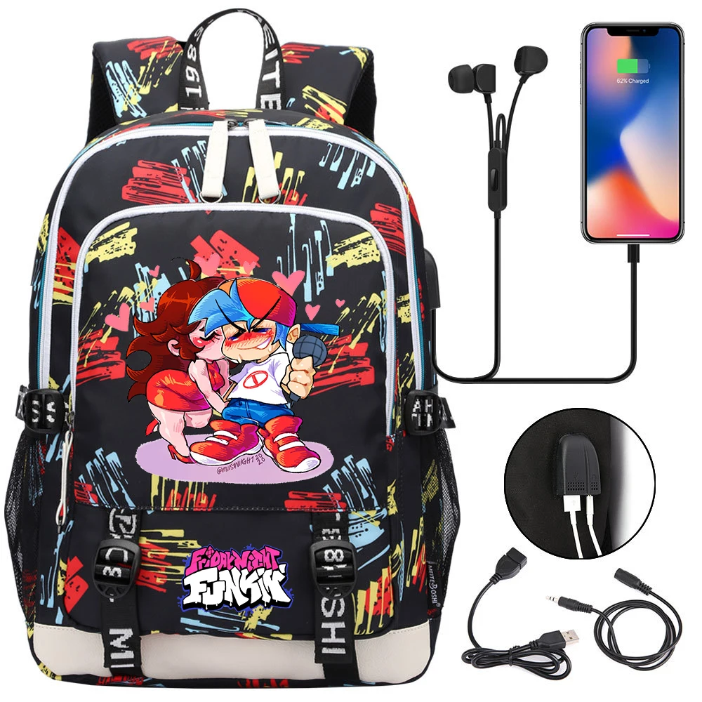 

Anime Friday Night Funkin Student USB Charging Laptop Backpack Boys Girls Daily Travel Backpacks Teenager College Rucksack