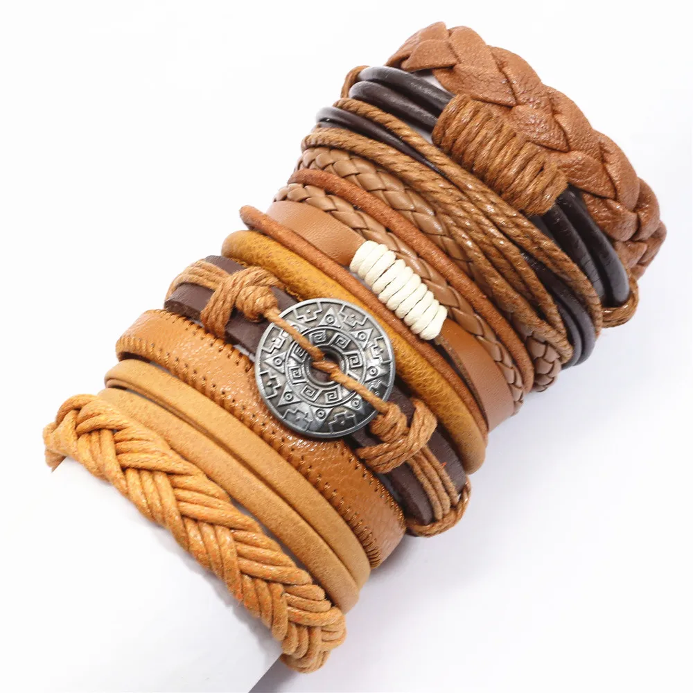 New Yellow Brown Leather Weave Feather Men Bracelets for Women Bangles Femme Homme Male Jewellery 10 Pcs/set