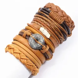 New Yellow Brown Leather Weave Feather Men Bracelets for Women Bangles Femme Homme Male Jewellery 10 Pcs/set