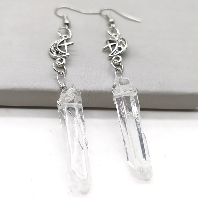 Imitate Clear Quartz Moon Earrings - Boho, Witchy, Resin, Esoteric, Celestial, Alternative, Nugoth, Gothic, Romantic.star Gift
