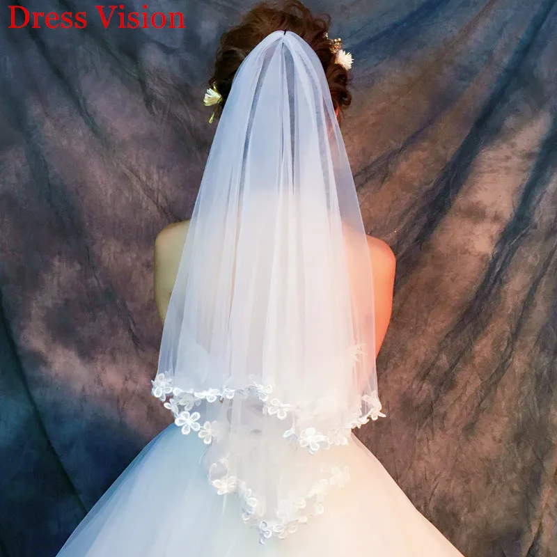 Casamento nupcial curto véu apliques rendas elegante acessórios de casamento duas camadas vestido de noite