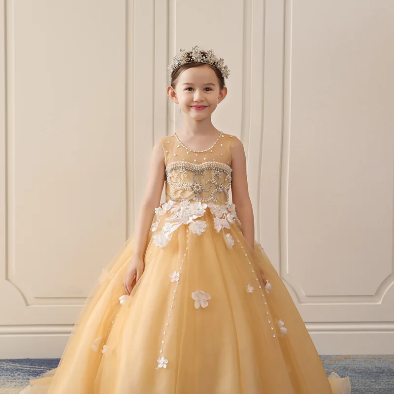 Yellowe Bloem Meisjes Jurken Voor Bruiloft Tulle Bead Lange Meisje Dress Party Kerst Jurk Kinderen Prinses Kostuum Voor Kinderen 12T