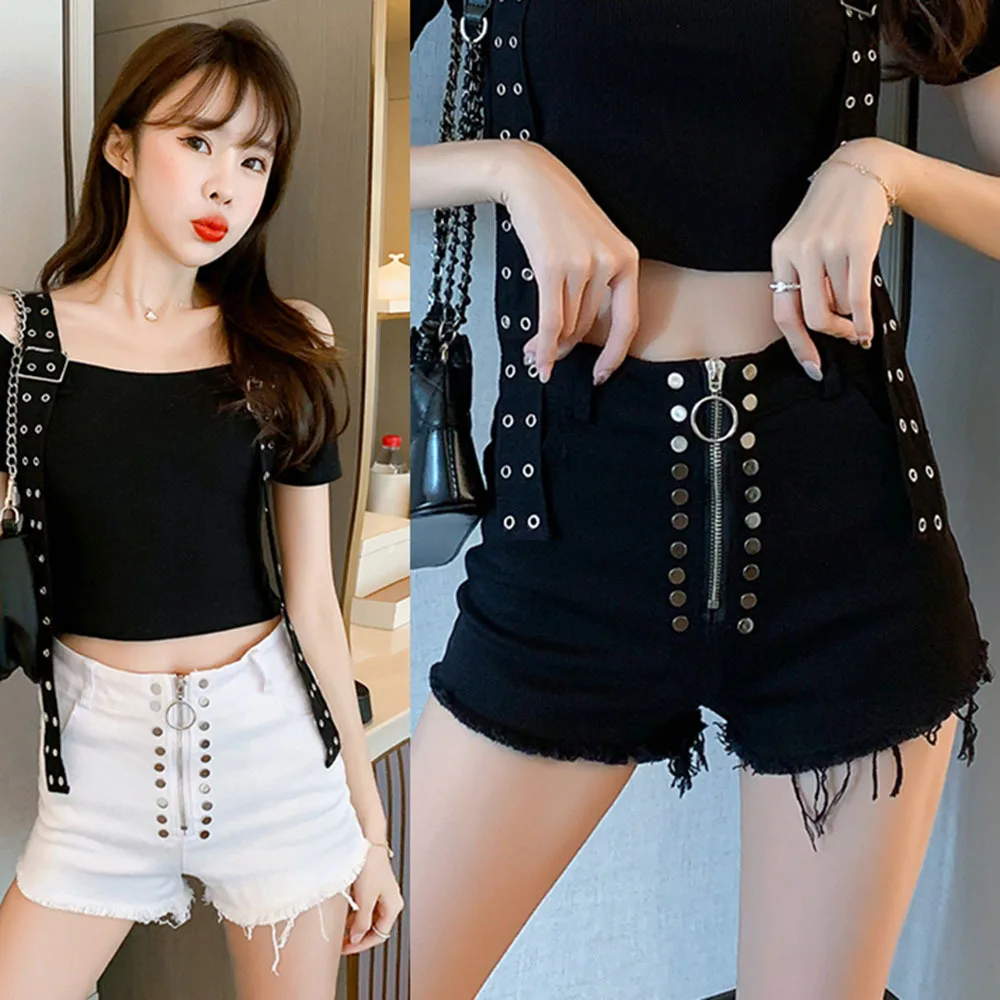 

Summer Sexy Black/White Women's Punk Shorts Jeans Street Goth Style Zippers High Waist Rivets Decorated Shorts