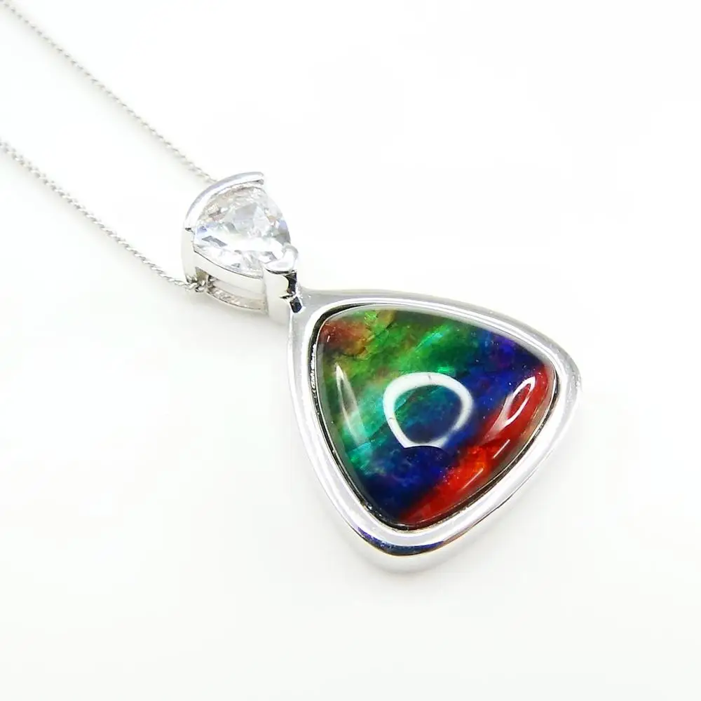 

Hot Selling 925 Sterling Silver Ammolite Triangle Drop Pendant Natural Multi Color MOP Pendant Necklace For Gift