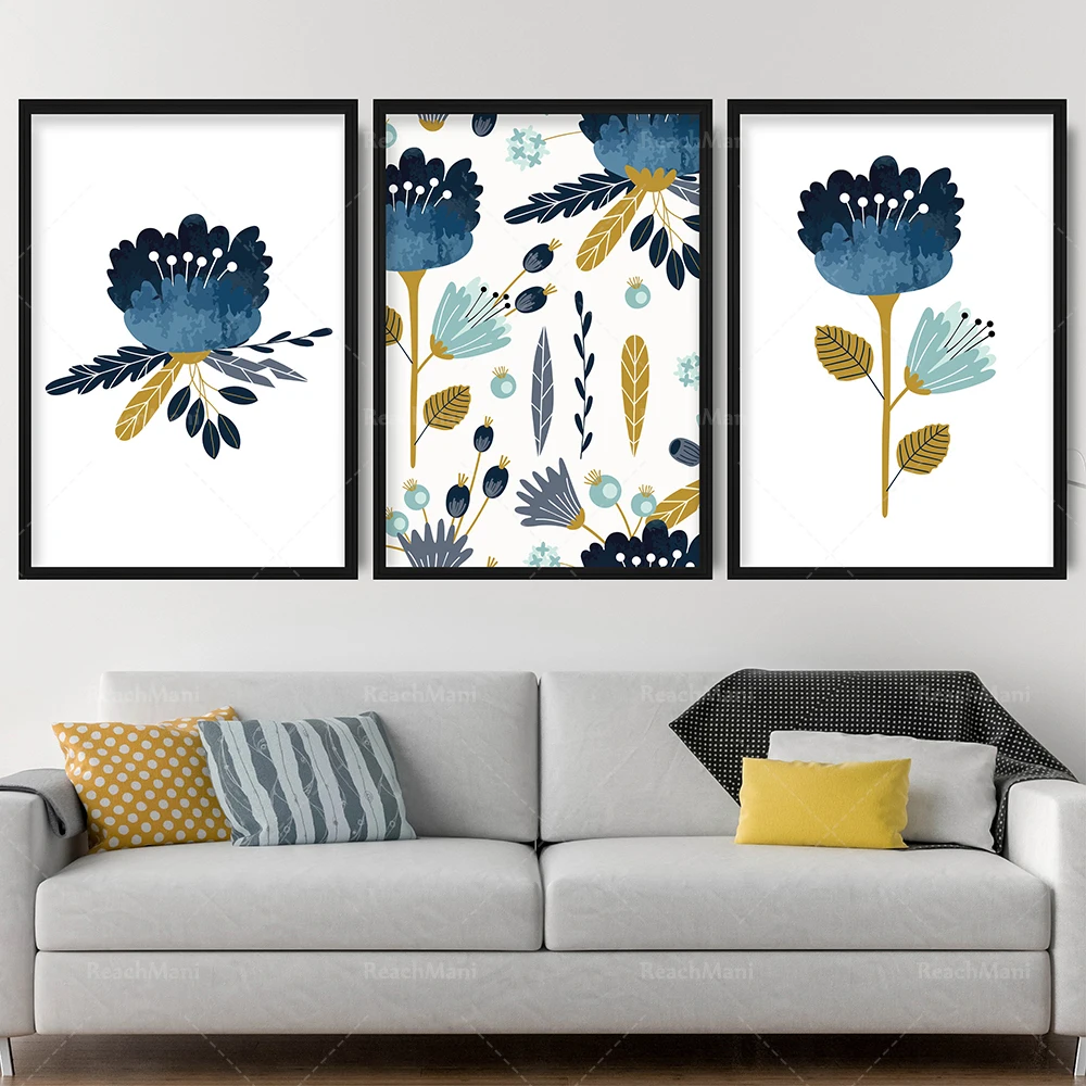 

Mix and Match Abstract Spring Floral Blue Yellow Art PRINT Falling Flowers Leaves Wall Art Picture Gallery Wall Poster Decor