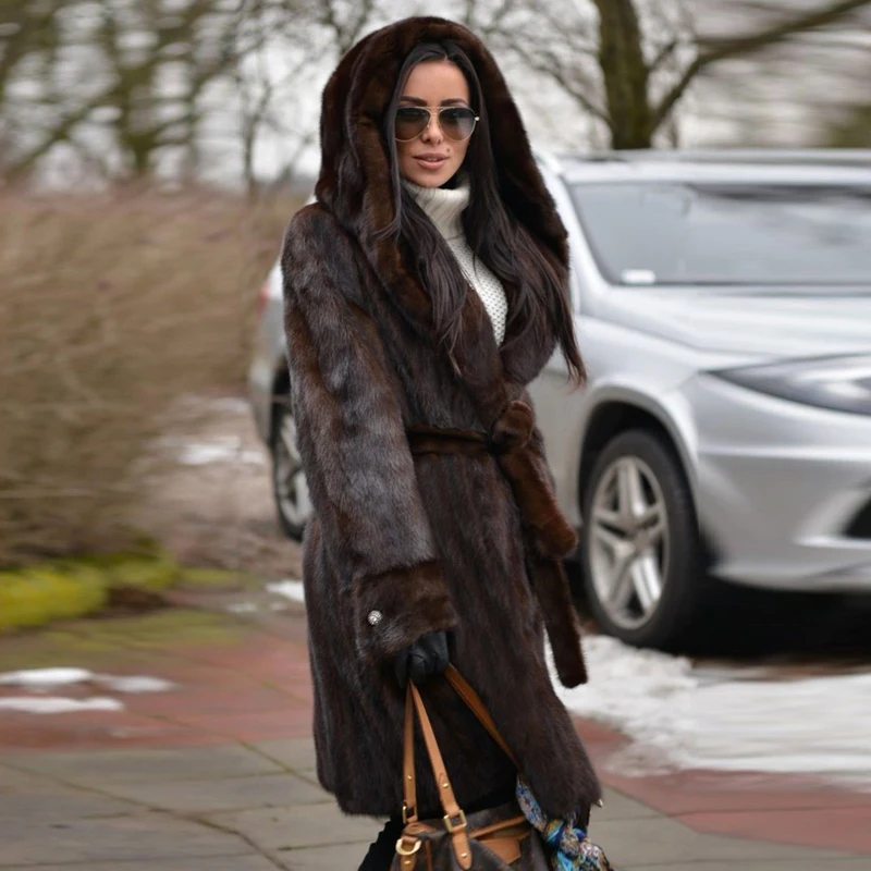 BFFUR Women Real Mink Fur Coats With Hood Natural Full Pelt Genuine Mink Fur Coat Fur Belts Luxury Dark Brown Fur Overcoats