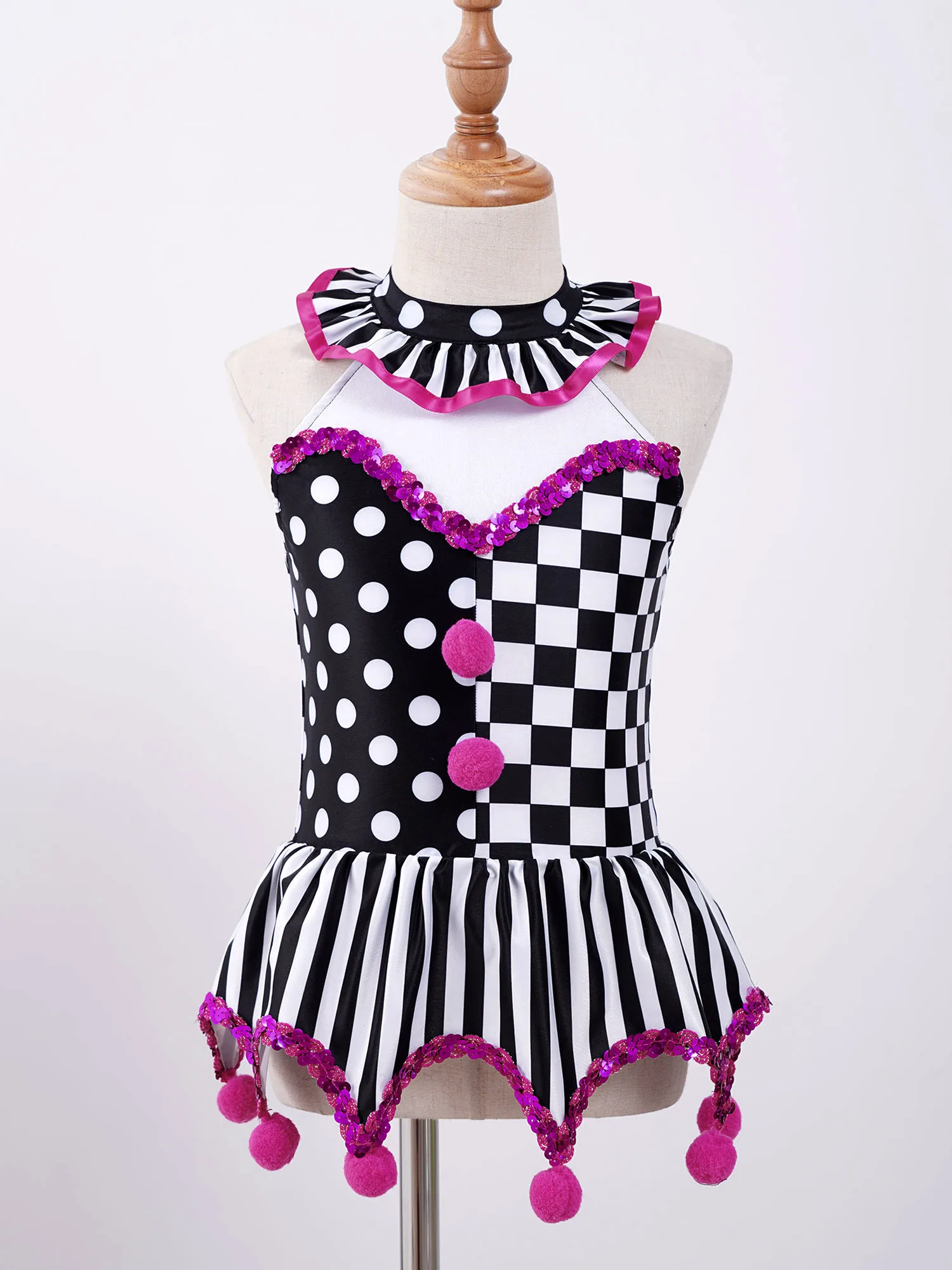 Kindermeisjes Circus Clown Joker Kostuum Halloween Cosplay Zwart Wit Grid Pompons Leotard Tutu Jurk Carnaval Feest Voorstelling