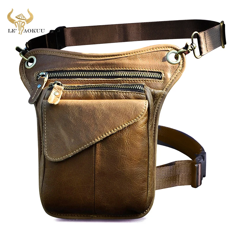 Sac à bandoulière en cuir véritable pour hommes, sac à bandoulière classique, sac de jambe tombant, sac banane, mode voyage, moto, ceinture, design,