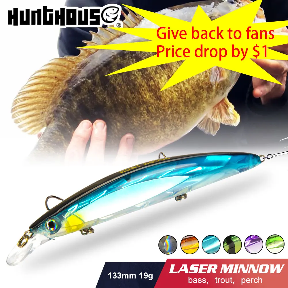 Hunthouse-señuelo de pesca duro flotante, cebo Artificial para lubina, pececillo láser 3D de cristal, 133mm, 19G, wobblers, crankbait