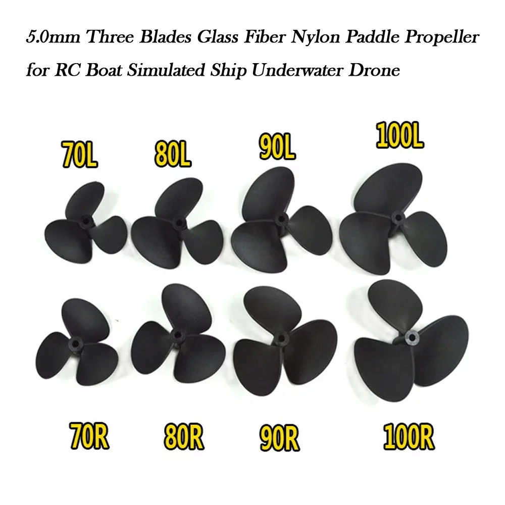 Hélice de paleta de nailon de fibra de vidrio para barco RC, barco simulado, Dron submarino, 3 cuchillas, 70mm, 80mm, 90mm, 100mm, CW/CCW, 5,0mm