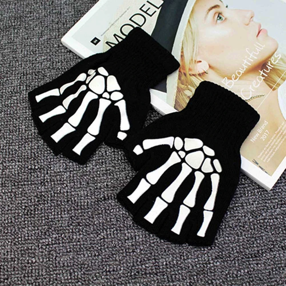 1 Pair Unisex Adult Halloween Skeleton Skull Half Finger Gloves Printing Hand Bone Fingerless Stretch Knitted Winter Mittens