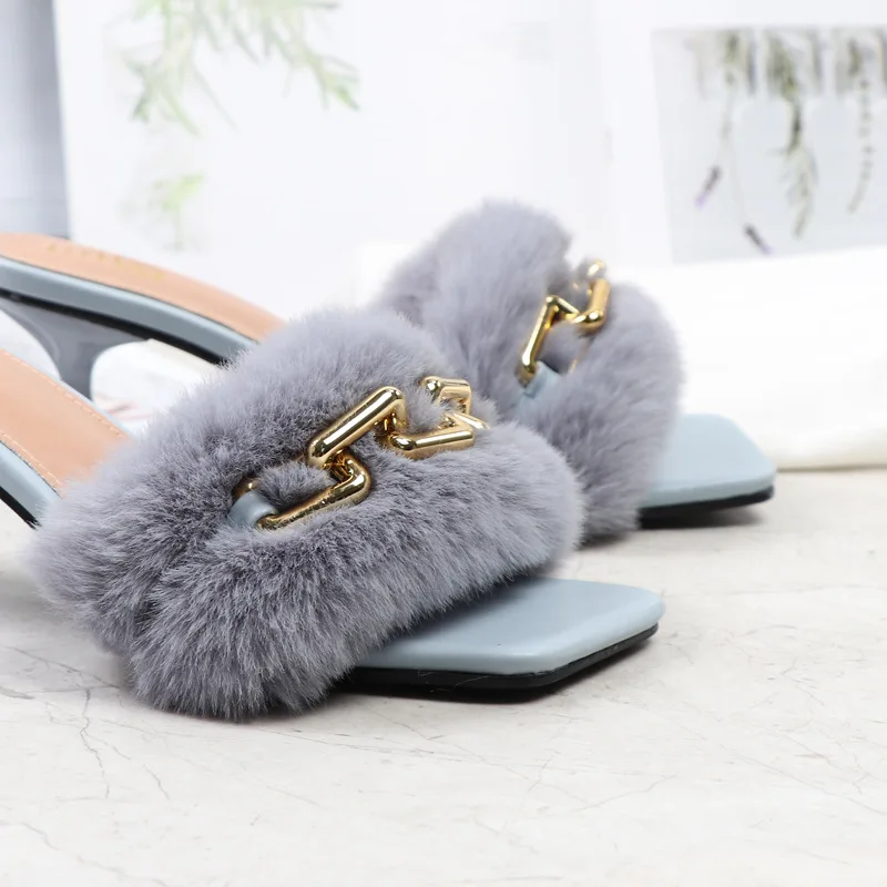 2023 Summer Women 6cm High Heels Slides Furry Felt Mules Low Heels Metal Chain Slippers Sexy Platform Hairy Outside Fur Shoes