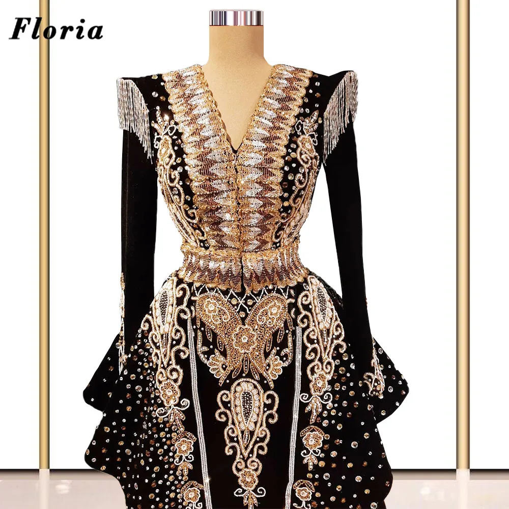 Floria Moroccan Kaftans Beaded Evening Dresses 2022 Turkish Dubai Long Sleeves Prom Dress Vestidos Arabic Women Party Gowns