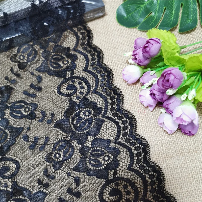 20CM Black Wide Elastic Mesh Lace Embroidery Knitted Fabric For Sewing Accessories Used On Dress And Clothes E1082