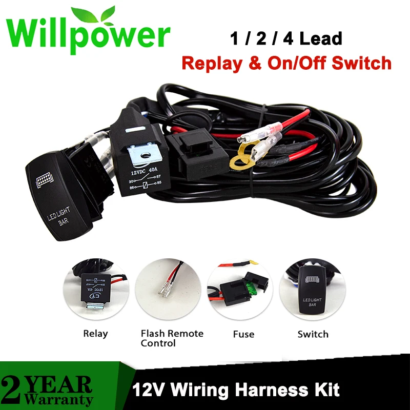 1 2 4 Lead 12V 40A LED Work Light Bar Wiring Harness Kit Offroad 4x4 Truck SUV Lightbar Cable w/ Rocker Black Switch Relay Fuse