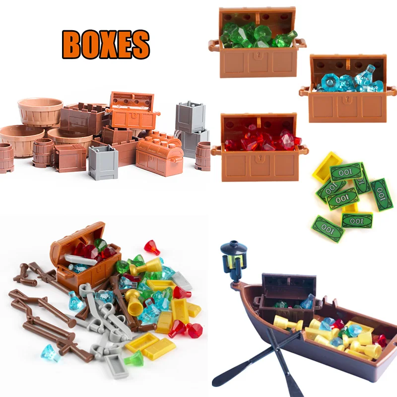 DIY Treasure Chest Cash Coin Diamond Gem Chests Gold Silver Money Jewel Dollars Bricks Compatible Figures Accessories Toys