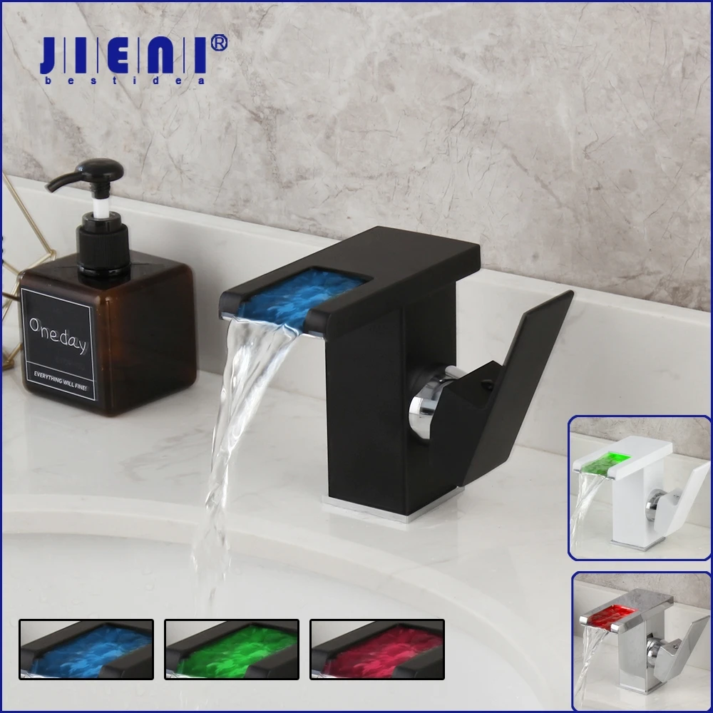 

JIENI LED Waterfall Bathroom Basin Faucet Wash Sink Mixer Tap Faucet White & Black Deck Mount Solid Brass Water Power Basin Tap