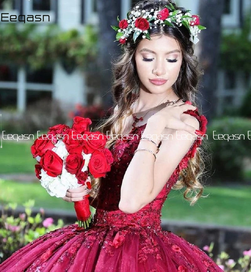 2024 Burgunder Quince anera Kleider Ballkleid Prinzessin Ballkleid mit Blumen geschwollen süß 16 Kleid Vestidos de 15 Anos