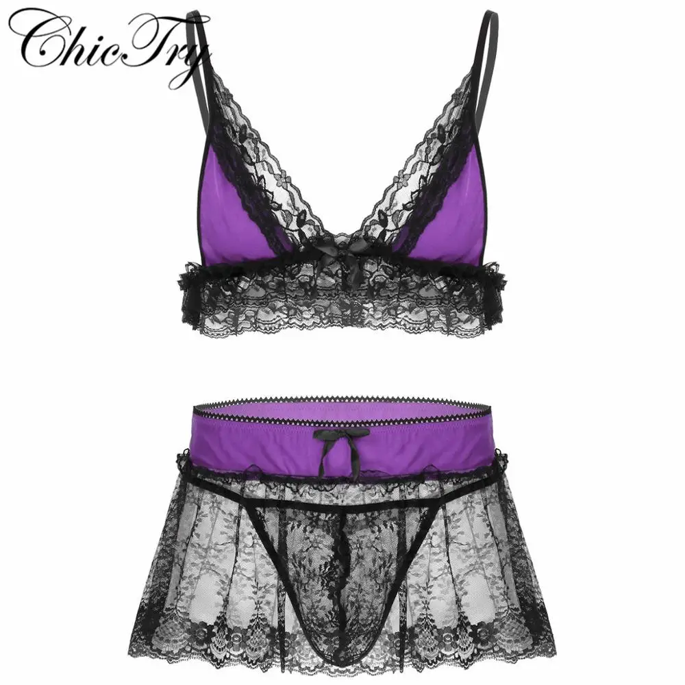 

Комплект кружевного нижнего белья мужской, эротический комплект с бюстгальтером с глубоким V-образным вырезом, с регулируемыми бретелями, с мини-юбкой и стрингами, комплект ночной одежды